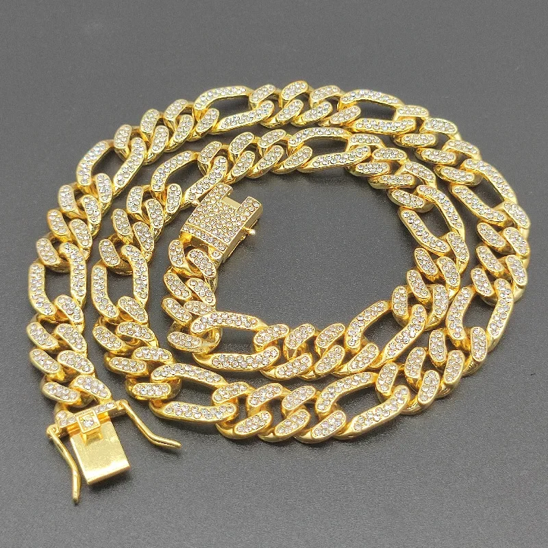 3:1 Figaro Link Chain Choker Necklace For Men Women 2tone Gold Silver Color Iced Out Rhinestones Miami Cuban Hip Hop Jewelry
