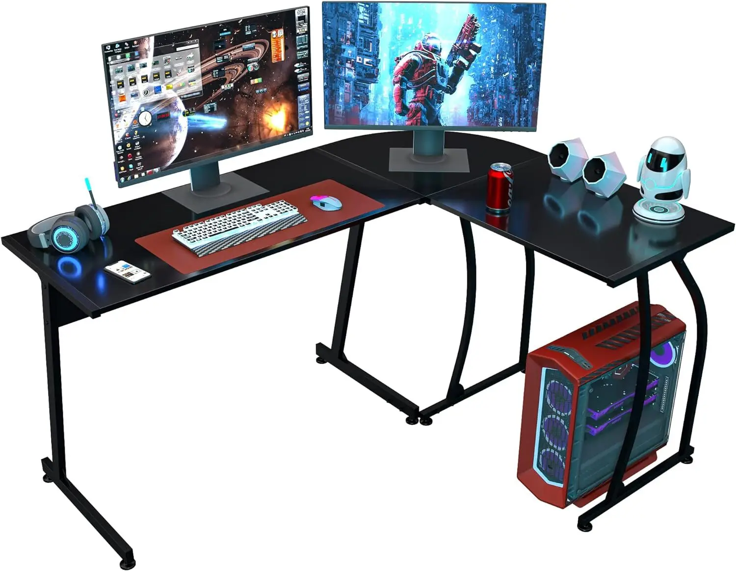 

58 inch L shaped gaming desk corner computer desk for PC laptop large study table workstation with storage shelves and cable