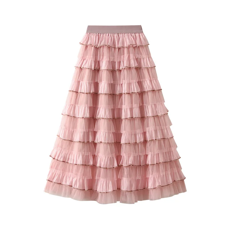 Süßer, bauschiger Tüll-Midirock für Damen, hohe Taille, gestufte Rüschen, A-Linie, süßer Stil, für Hochzeitsgäste, Einheitsgröße, Polyester – Detail 3