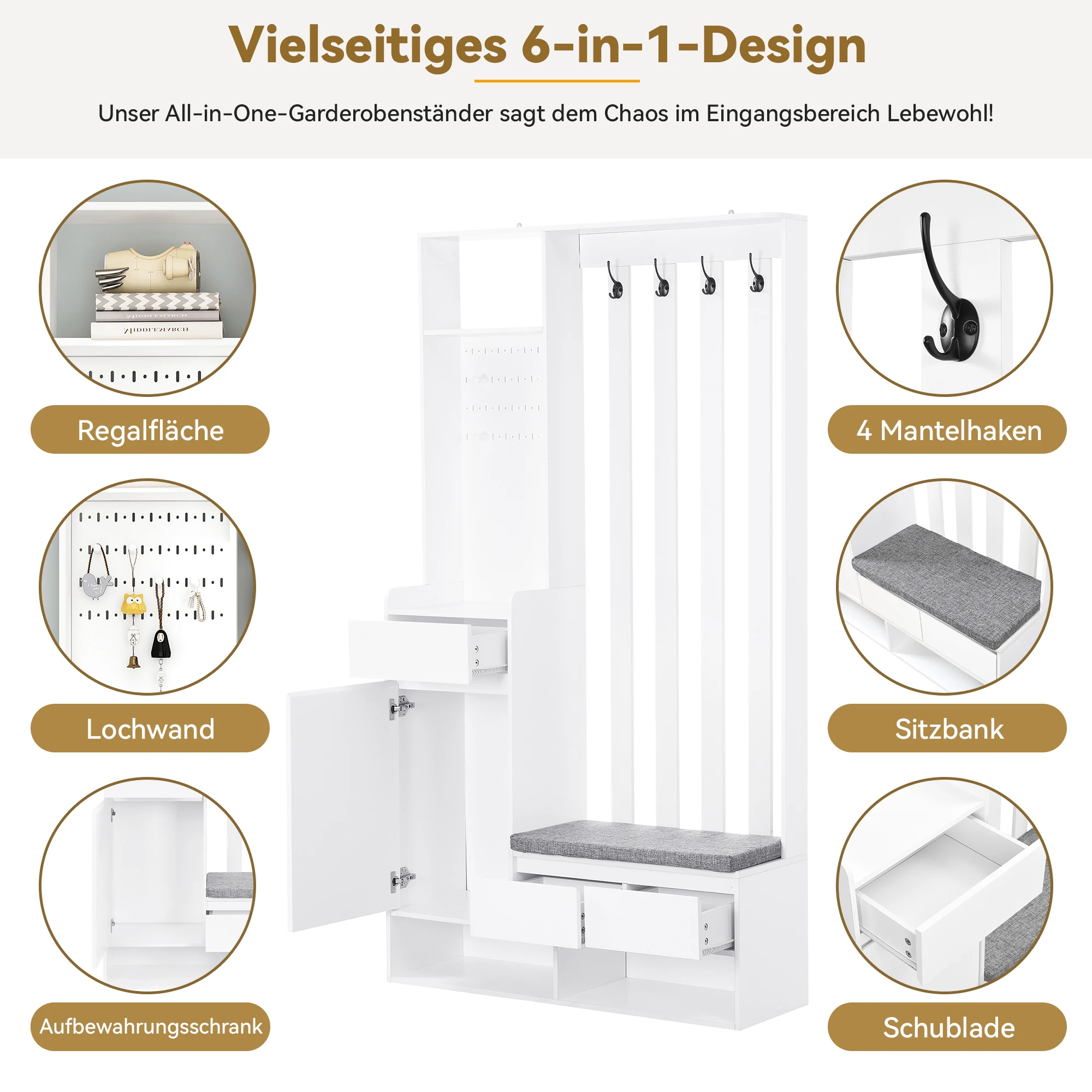PINGGO Flur-Garderobe mit weicher Polsterung, langer Aufbewahrungsbank, multifunktionaler Schuhschrank für den Eingangsbereich, modernes Design, Plug-in-Schreibtisch – Detail 3