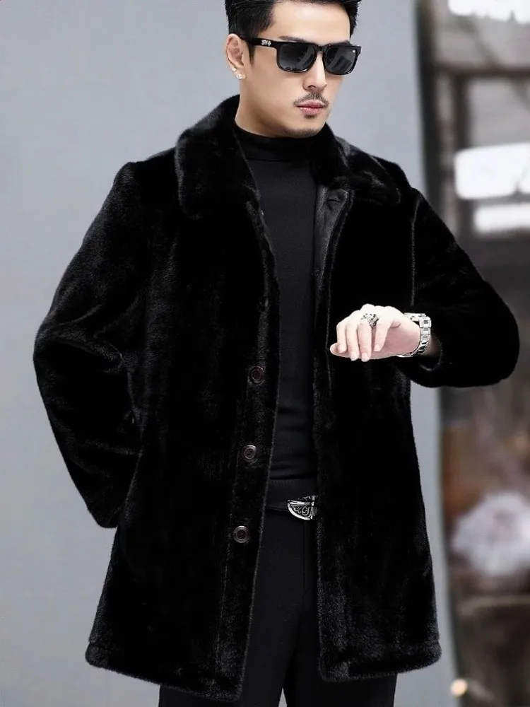 Winter Luxury Business Casual Mens Faux Fur Long Jacket Single Breasted Double-Sided Warm Overcoat Long Sleeve Faux Leather Coat