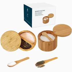 Bamboo Salt Cellar Bowl Box With Swivel Magnetic Lid to Store Pepper Spice Bath Salt Sea Salt Herbs Seasoning Storage Holder Box