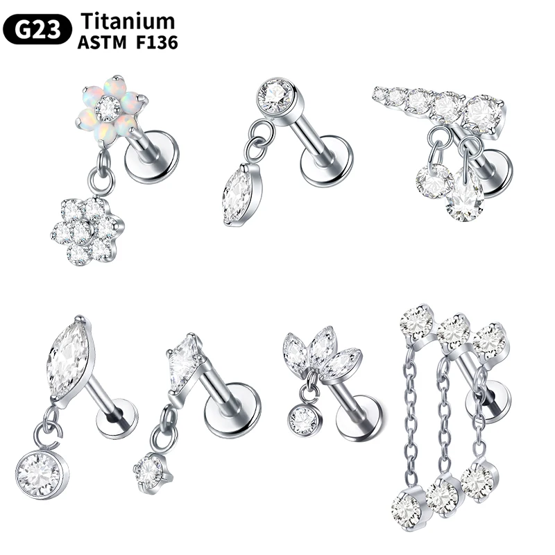 1PC Titanium 16G Crown Pendant CZ Labret Stud Lip Rings Zircon Paved Cartilage Tragus PIERC Earrings Helix Piercings Jewelry
