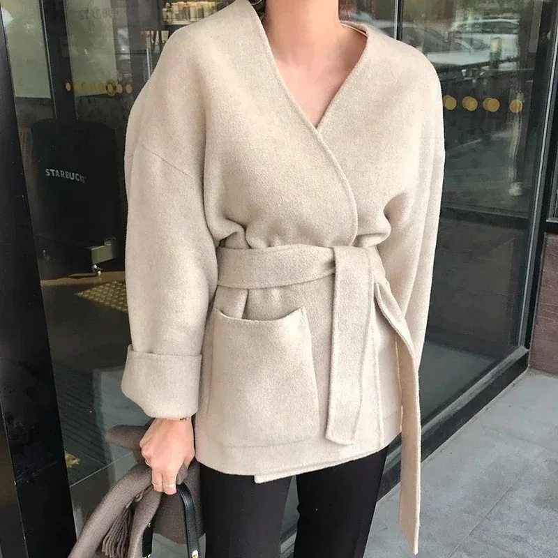 New 2023 Autumn Winter Minimalist Elegant Thick Warm Woolen Coat Korea Style Oversize Blends Wool Coats Feminino Lazy Overcoat