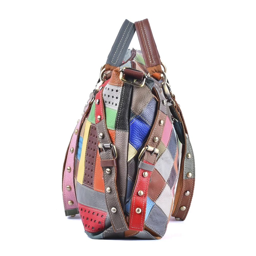 Colorful Stripe Pattern Clash Large Capacity Single Shoulder Crossbody Genuine Leather Cowhide Ladies Tote Bag