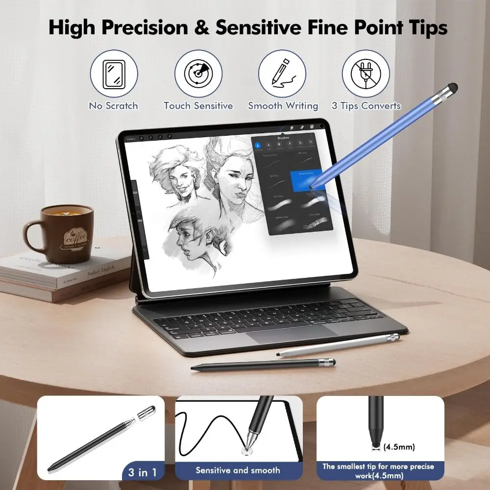 Professional 3-in-1 Stylus Pen High Sensitivity No Bluetooth Touch Screen Pen Smooth Metal Capacitive Touch Pencil