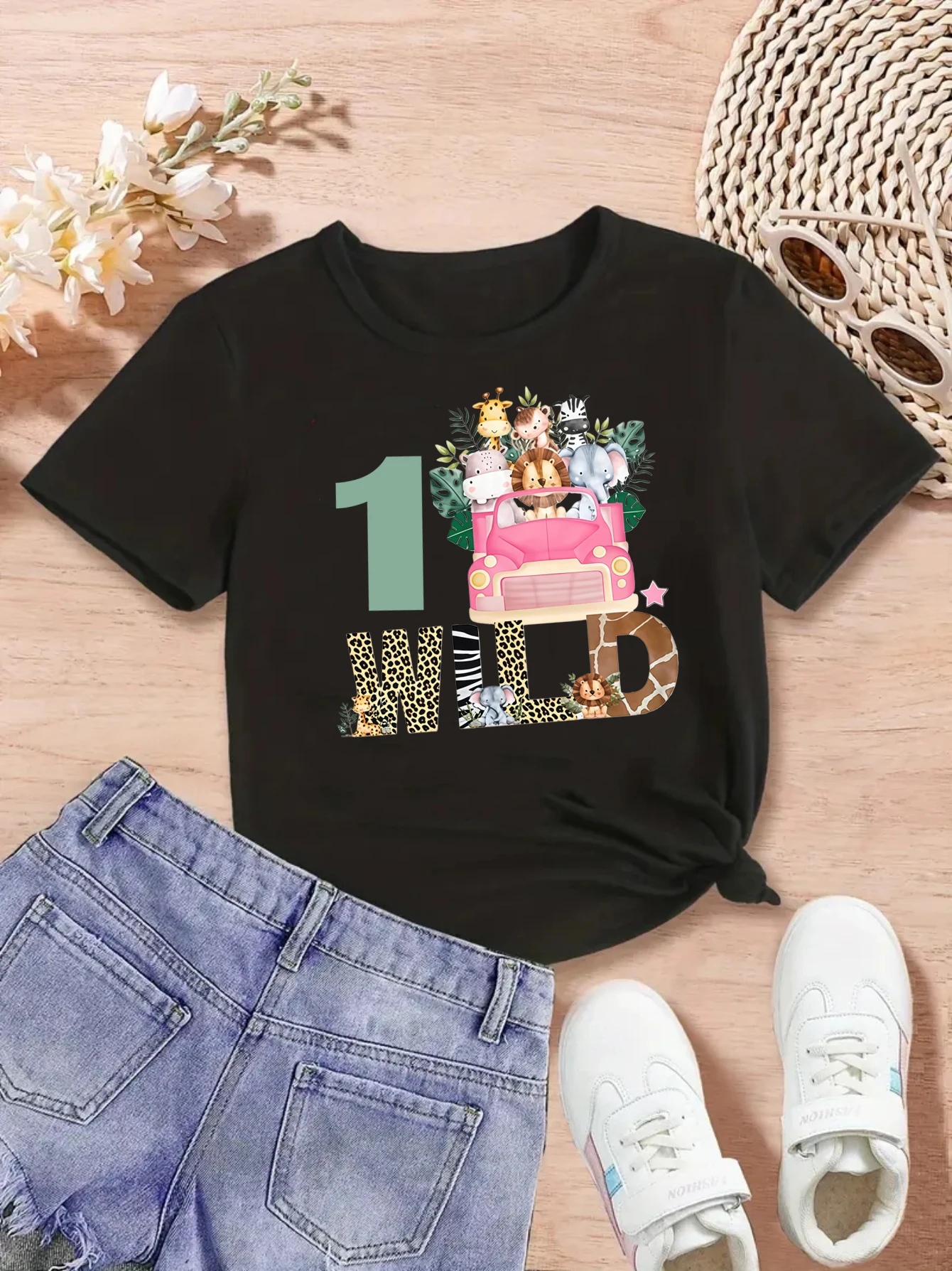 

1st 2nd Birthday Gift T-Shirt 1st/2nd Wild Monkey Lion Elephant Hippopotamus Giraffe Printed T Shirt Girls Kawaii Kids Clothes