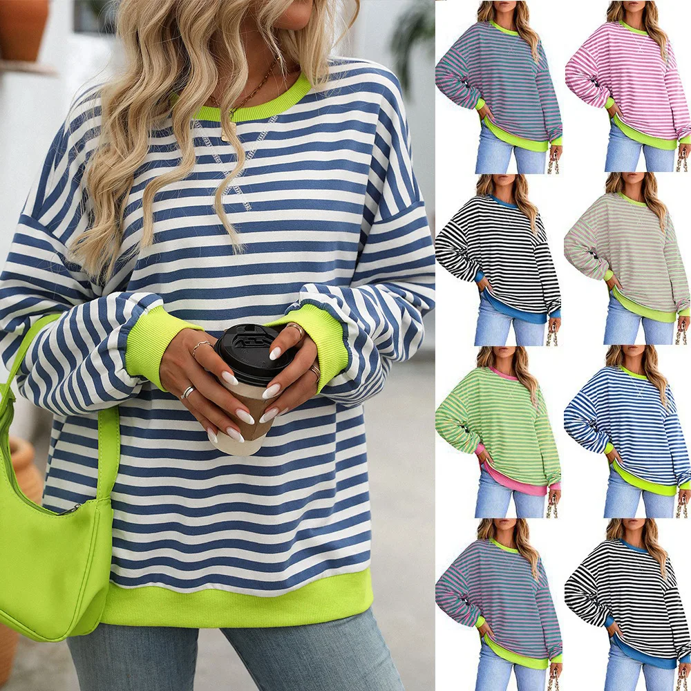 

2024 Autumn and Winter New Color Striped Crew Neck Loose Sweatshirt Sweater Women