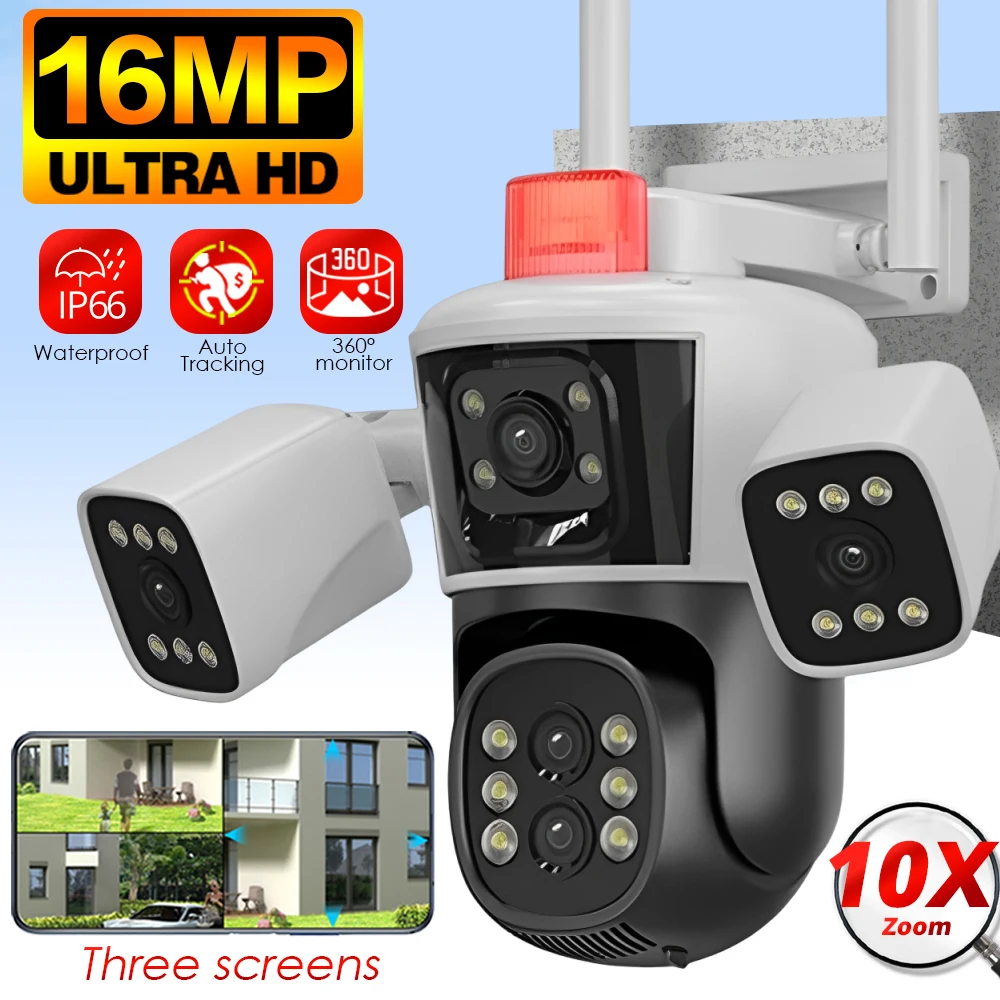 8K UHD WIFI IP Camera Outdoor 10X Zoom Auto Tracking 16MP PTZ Four Lens Three Screen Waterproof Wi-Fi Security Camera 360° View