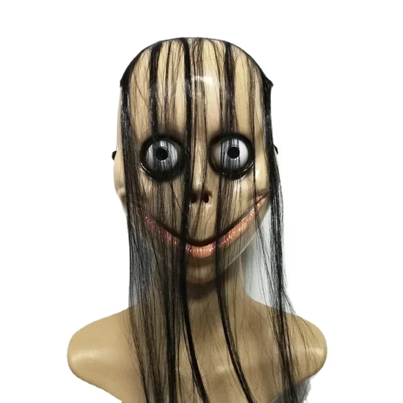 Nuovo Momo Spaventoso Copertura per il viso Halloween Horror con maschera per capelli lunghi Maschera divertente Maschera per la bocca a forma di V con capelli Fantasma femminile Gioco di ruolo