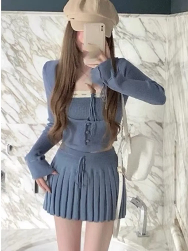 Cardigan Slim et Mini Jupe Plissée pour Femme, Tenues Douces, Couleur Unie, Style Patchwork, Chic Coréen, Printemps, Ensemble 3 Pièces, Y2k