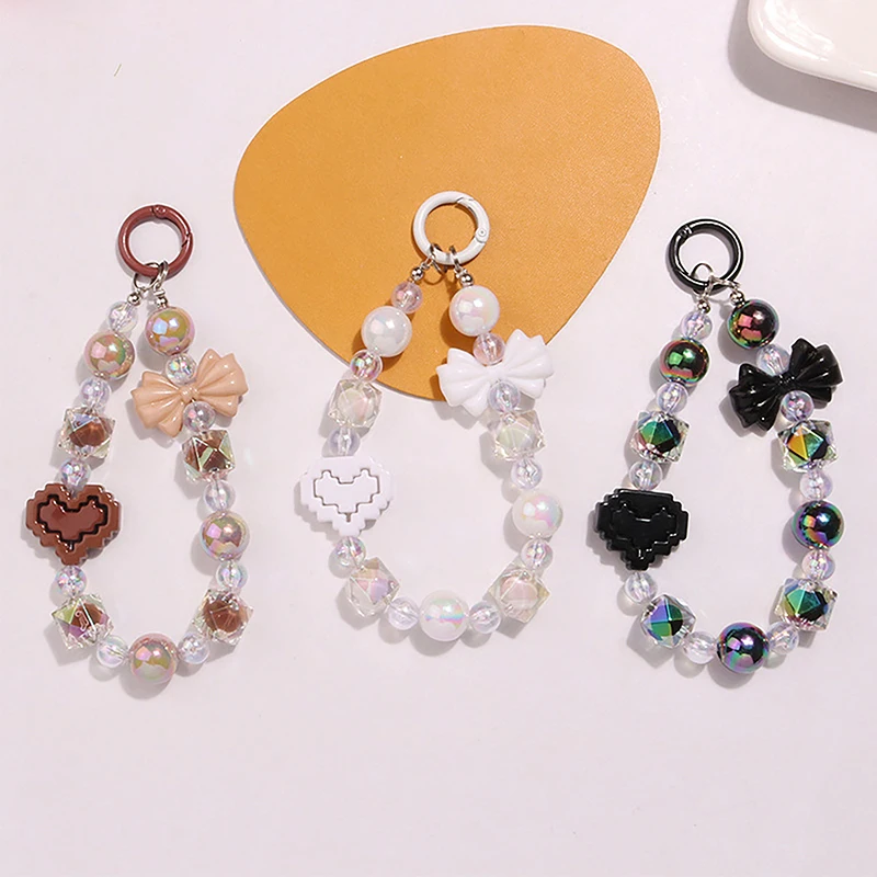 Acrylic Color-Plated Heart Keychain Cute Flower Beaded Keyring Bag Pendant Charms Earphone Case Decoration Accessories