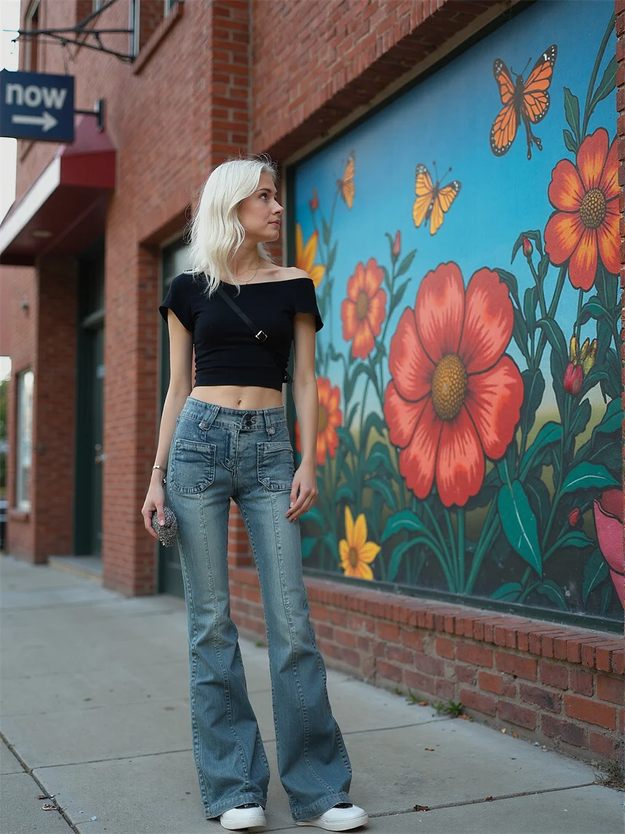 Flare Slim Skinny Floor Jeans Damen Patchwork Hohe Taille Ausgestelltes Bein Plissee Baggy Gestickte Passform Vintage Pocket Chic