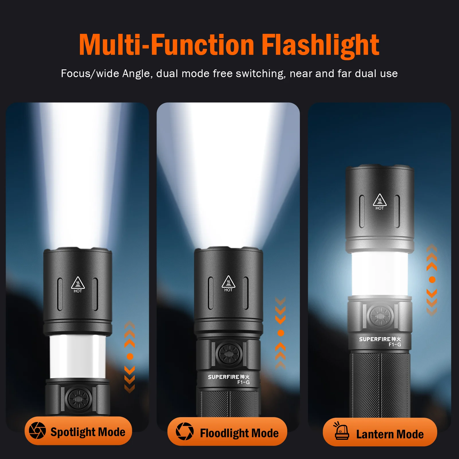 2025 SUPERFIRE F1-G USB-C Rechargeable LED Flashlight, 1100LM Camping Lantern, White/Warm Light for Outdoor Tent Zoomable Torch