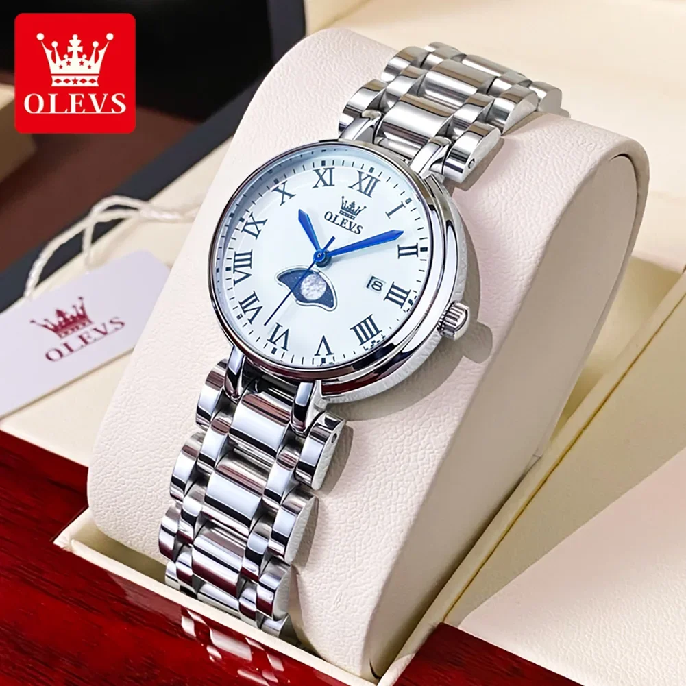 

OLEVS Minimalism Fashion Watch for Women Moon Waterproof Phases Calendar Stainless Steel Quartz Wristwatch Reloj mujer