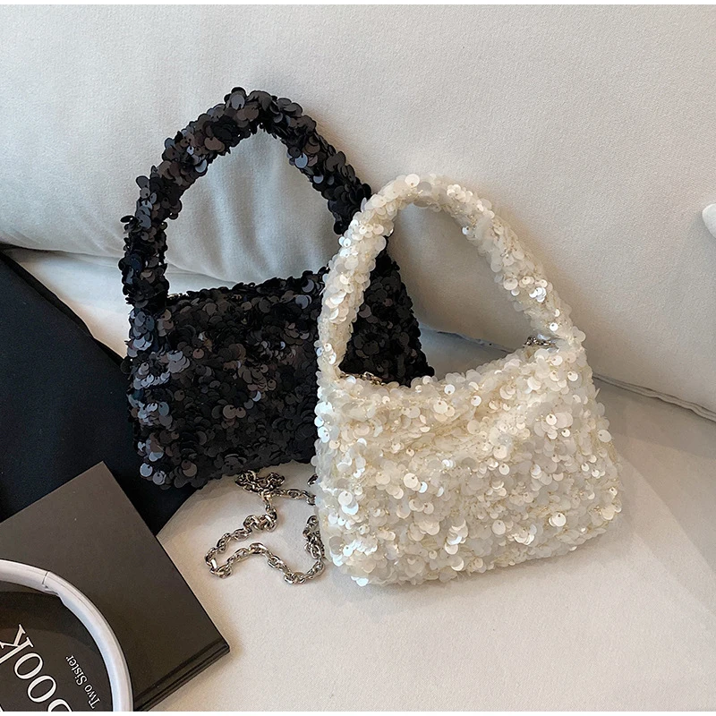 

Women Shiny Sequins Evening Bag Elegant Hobo Bag Woven Clutchbag Luxury Chain Shoulder Handbag Exquisite Purse Wedding Party Bag