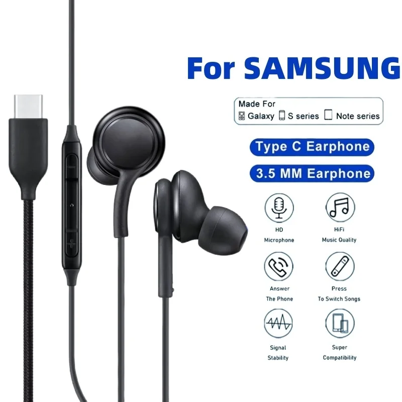 Type C Wired Earphone For Samsung Galaxy S25 S24 S23 Ultra USB C Headphones A56 A55 A54 A34 Note 20 10 3.5mm Jack Earbud Headset