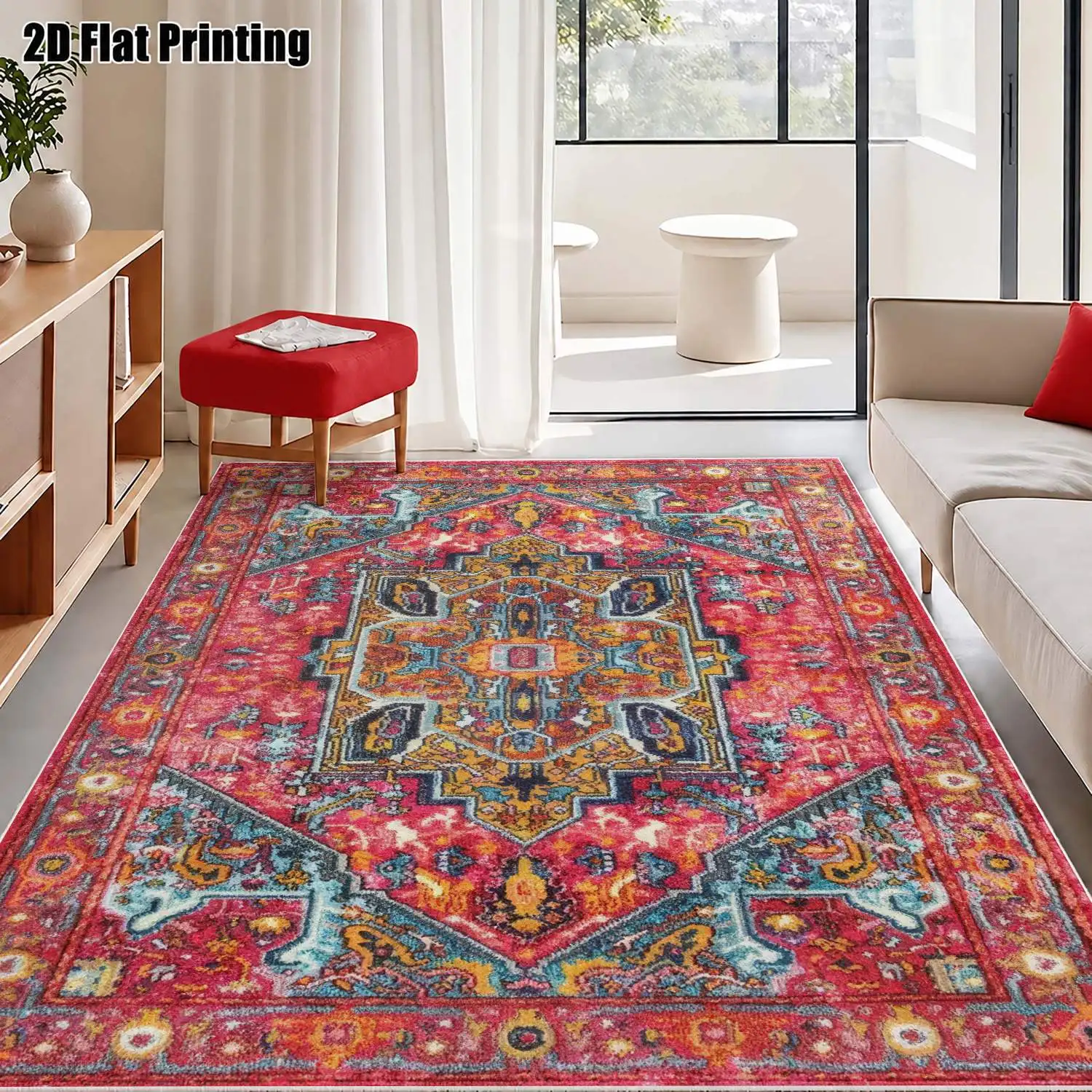 1Pc 2D Printed Velvet Carpet, Retro Red Geometric, European/Bohemian/Nordic/Modern Minimalist Style, Instagram Floor Mat, Home Decor, Multi-Size, Machine Washable, for Entrance/Dining/Foyer/Bedroom/Study/Living Room