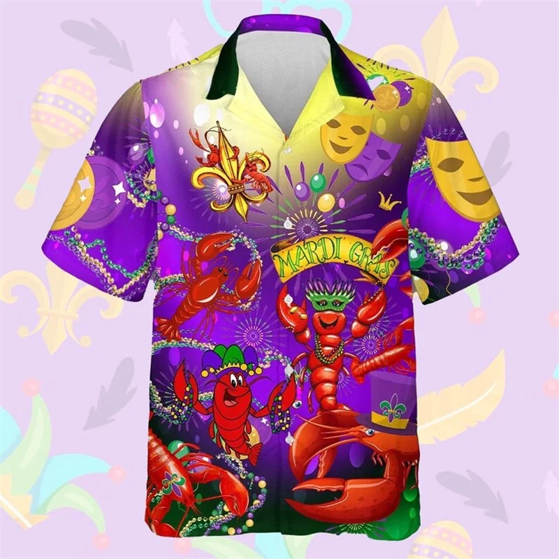 

Гавайская рубашка в стиле ретро Марди Гра Fleur De Lis Lobster Карнавальные пляжные рубашки на пуговицах для мужчин и женщин Гавайская рубашка Mardi Grass