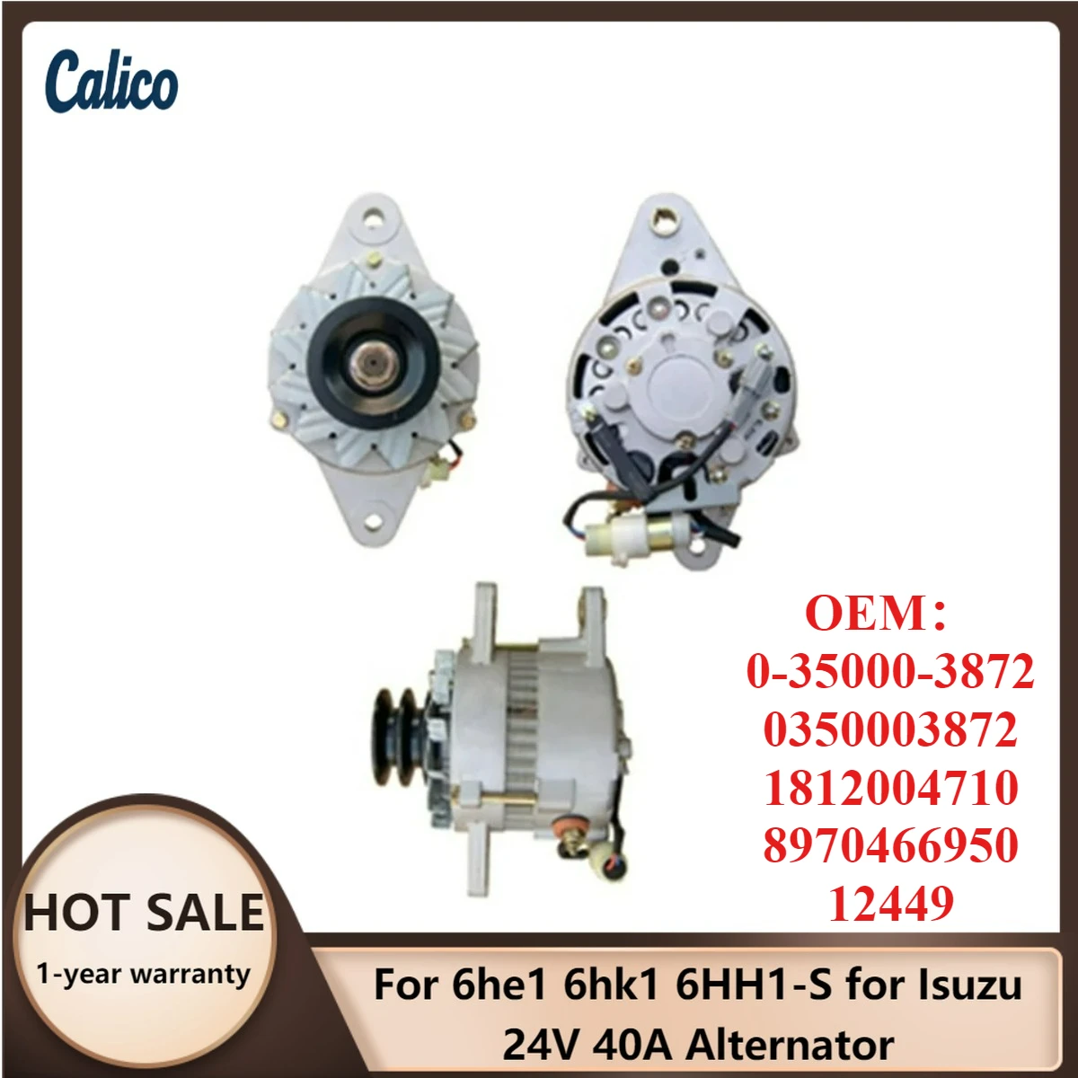 

Zero Defect Suitable for 6he1 6hk1 6HH1-S for Isuzu 24V 40A Alternator 0-35000-3872 0350003872 1812004710 8970466950 12449