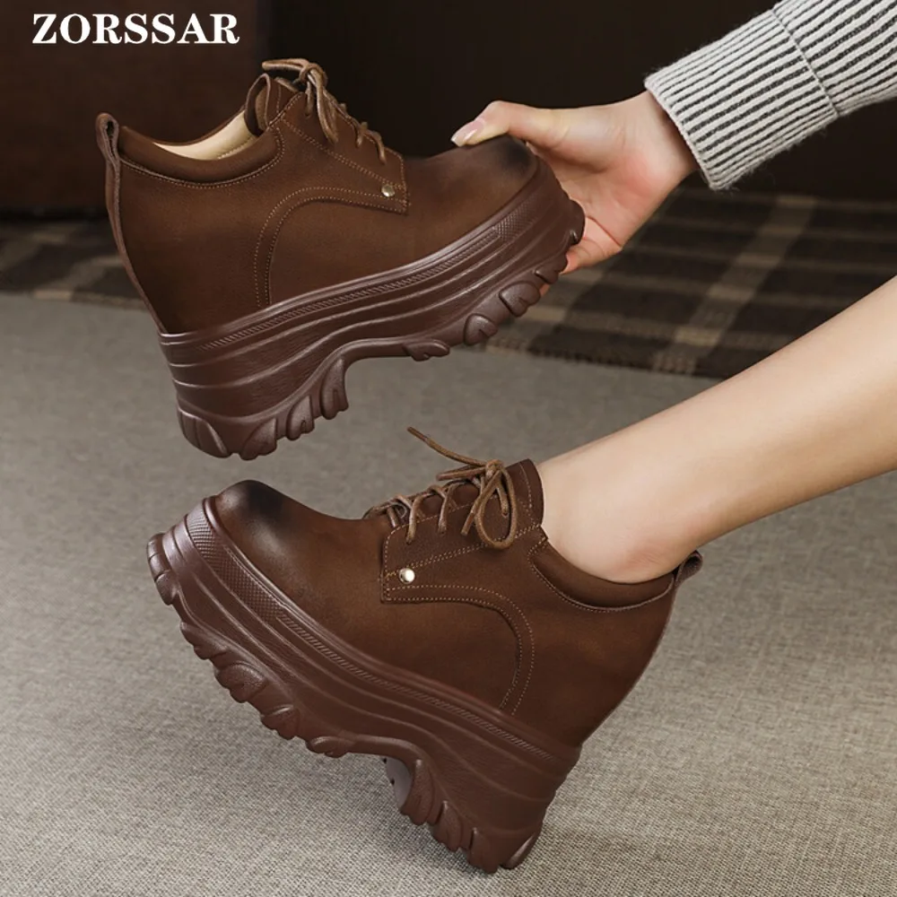 12cm Genuine Leather Women Casual Shoes Chunky Sneakers Platform Wedge Hidden Heel Women Leisure Shoes Summer Sneaker Women