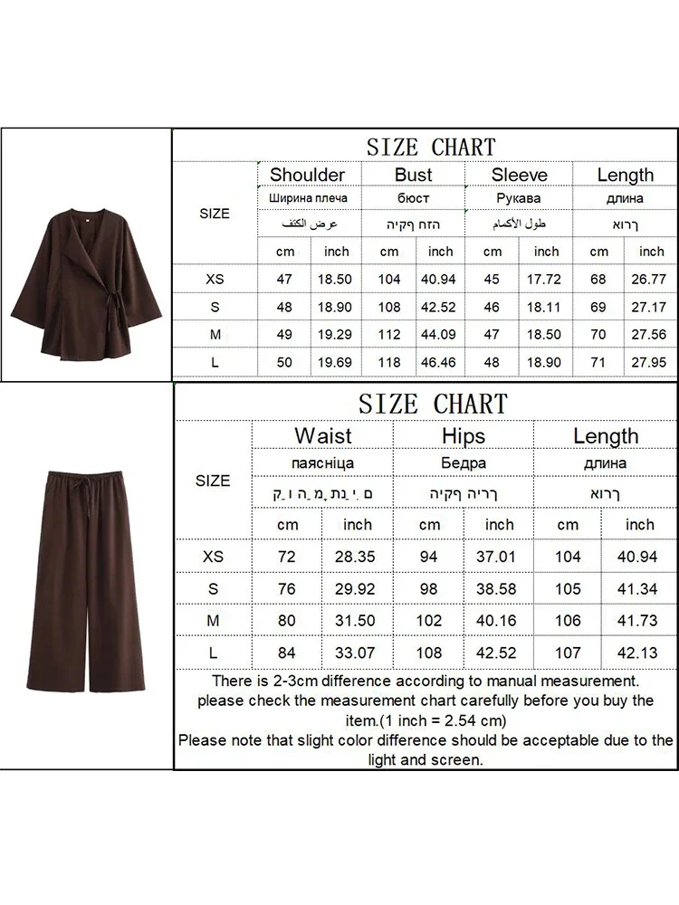 Fashion Linen 2 Pieces Women 2024 Spring Summer Kimono Style Loose Lace Up Shirts Tops Women\'s Wide Leg Pants Sets