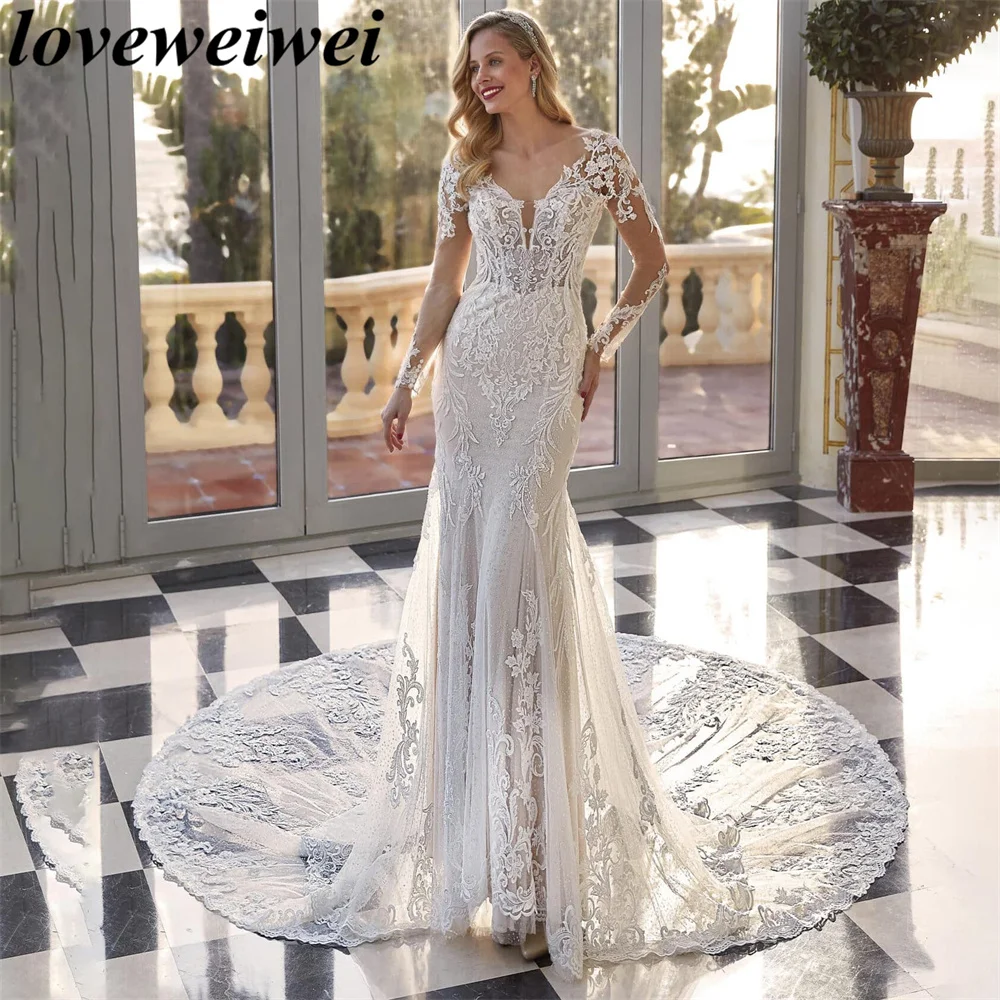 V Neck Mermaid Wedding Dress Full Sleeves Appliques Lace Bride Dress Long Train Bohemian Bridal Gown Vestido De Noiva Customed