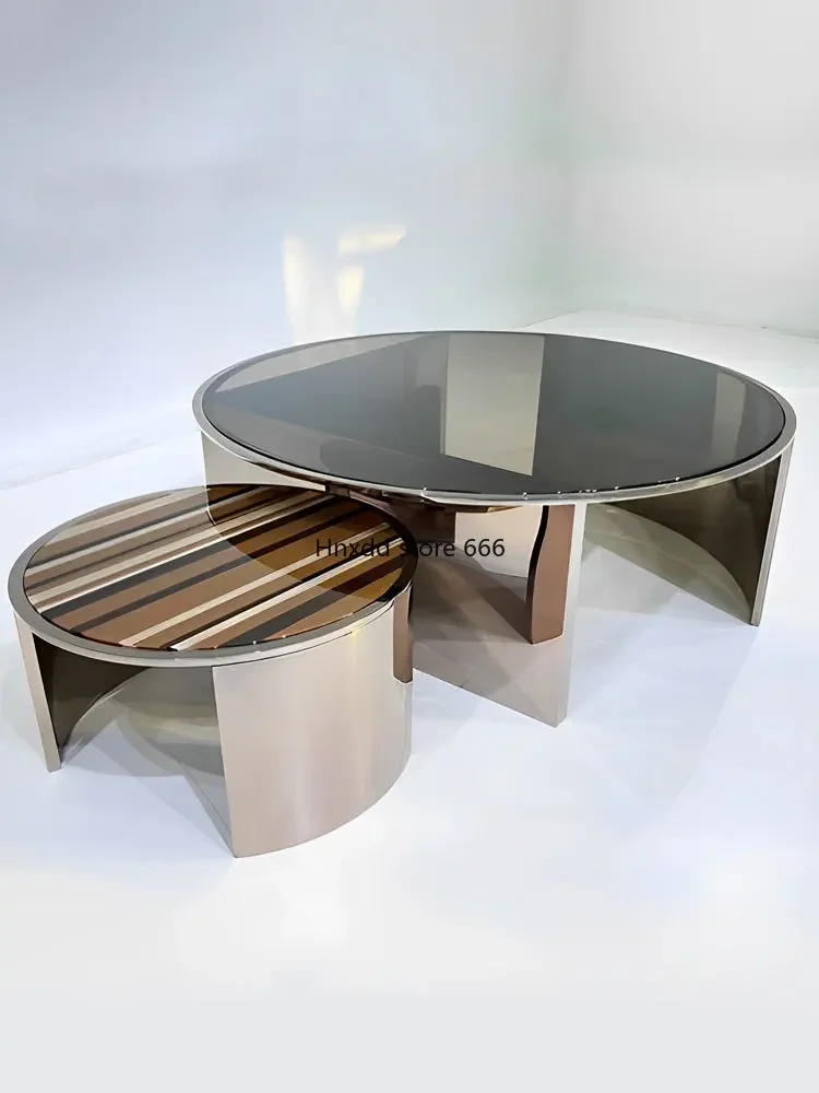 Light luxury stainless steel coffee table tempered glass round simple personalized villa exquisite living room short table