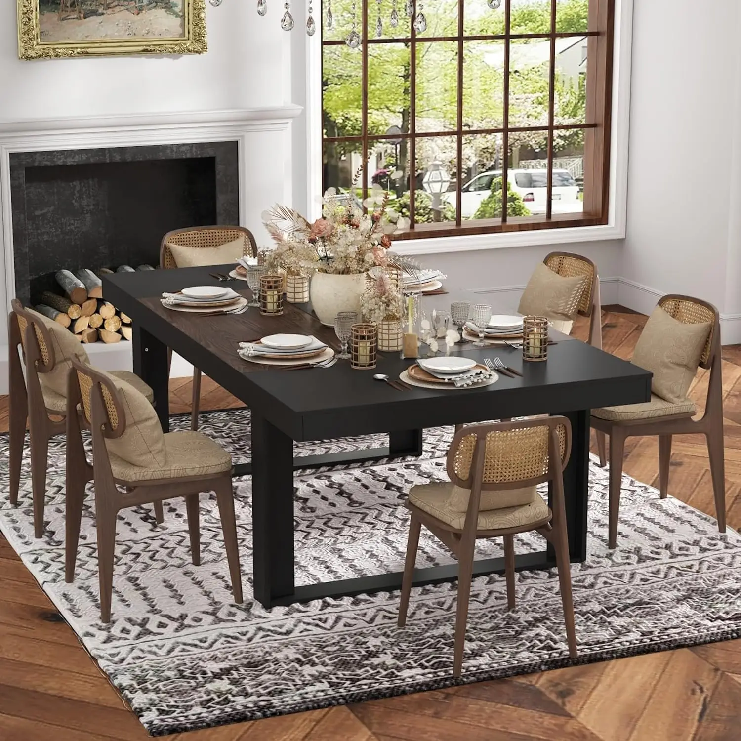 Nowoczesny stół do jadalni dla 6-8 osób, duży stół kuchenny 218 cm z drewnianymi nogami, do jadalni, kuchni, biura, czarny i brokatowy