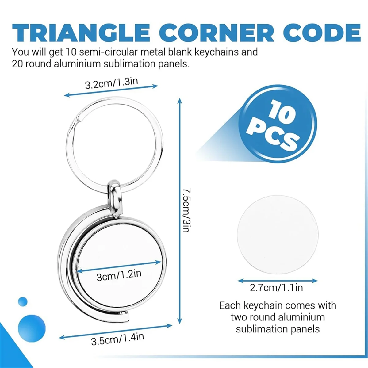 A79G Pacote com 10 360 °   Espaços de chaveiro de sublimação de metal rotativo, espaços em branco de sublimação de dupla face DIY chaveiro semicírculo