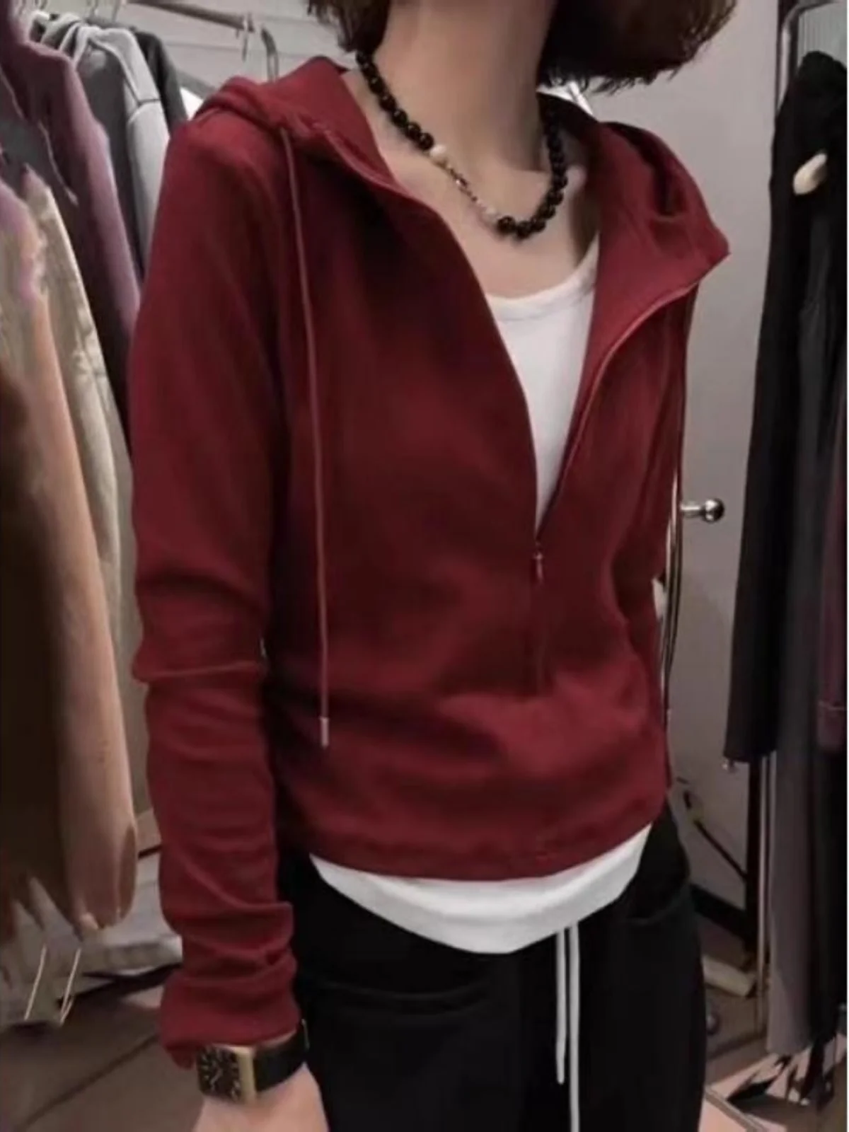 

Женская толстовка Slim Fit из чистого хлопка с длинным рукавом, имитация двухслойности, красный цвет, весенний дизайн, для повседневной носки