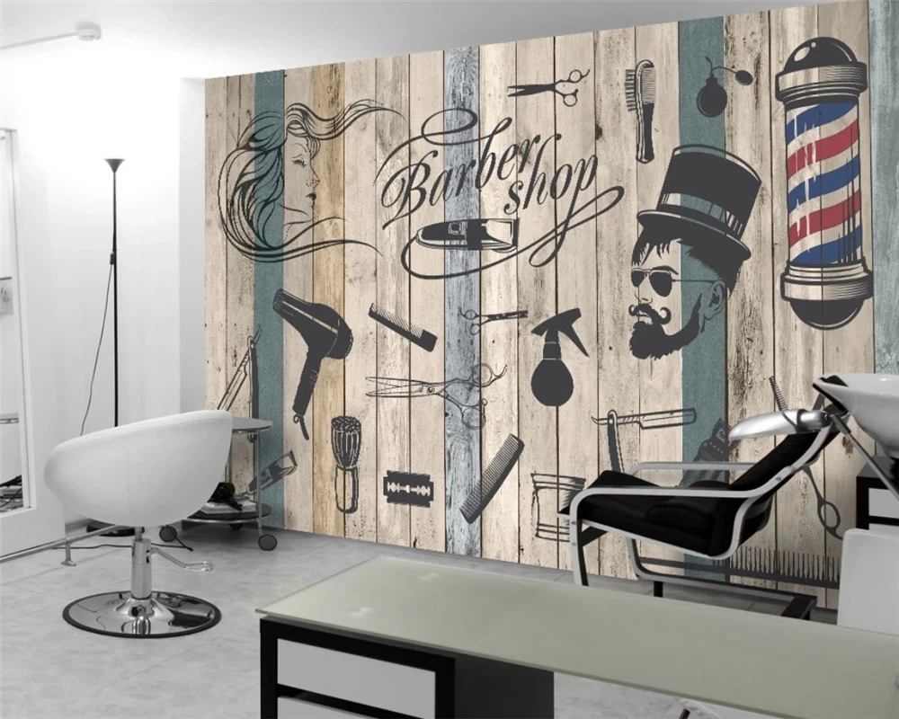 Customized Photo fashion personality 3d Self Adhesive wallpaper vintage barber shop beauty salon background Mural self adhesive