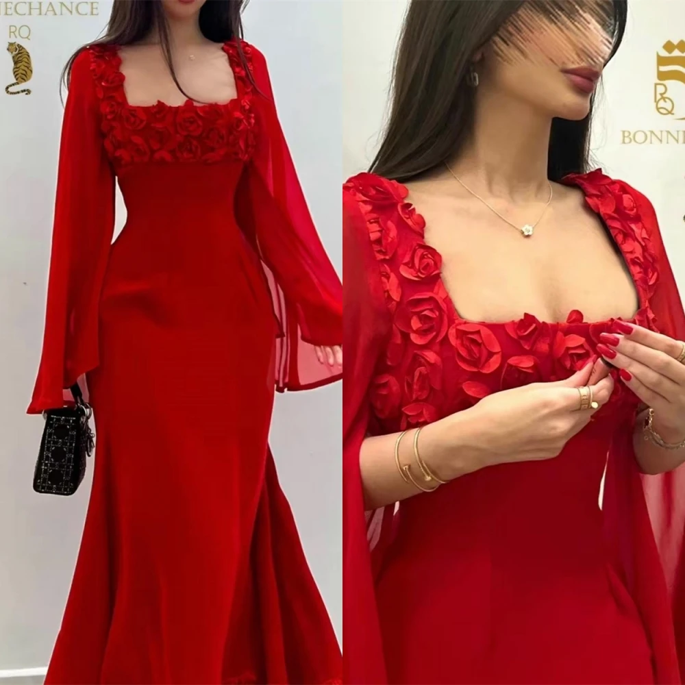 Maßgeschneiderte Quadratische Kragen Lange Ärmel Chiffon Meerjungfrau Abendkleid Temperament Kleider Für Besondere Anlässe Mode Party Kleider