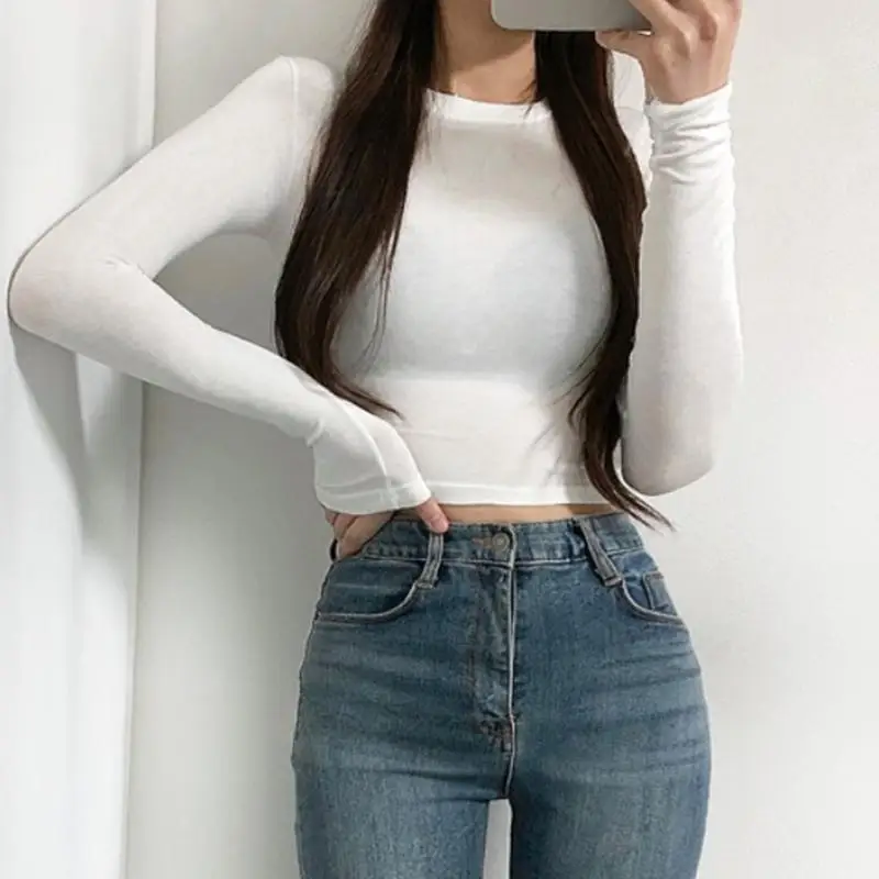 كم طويل عادية المحاصيل القمم المرأة الأساسية تي شيرت الربيع س الرقبة امرأة الصلبة سليم المحملة Y2k الملابس مثير رقيقة انظر من خلال تي شيرت #5