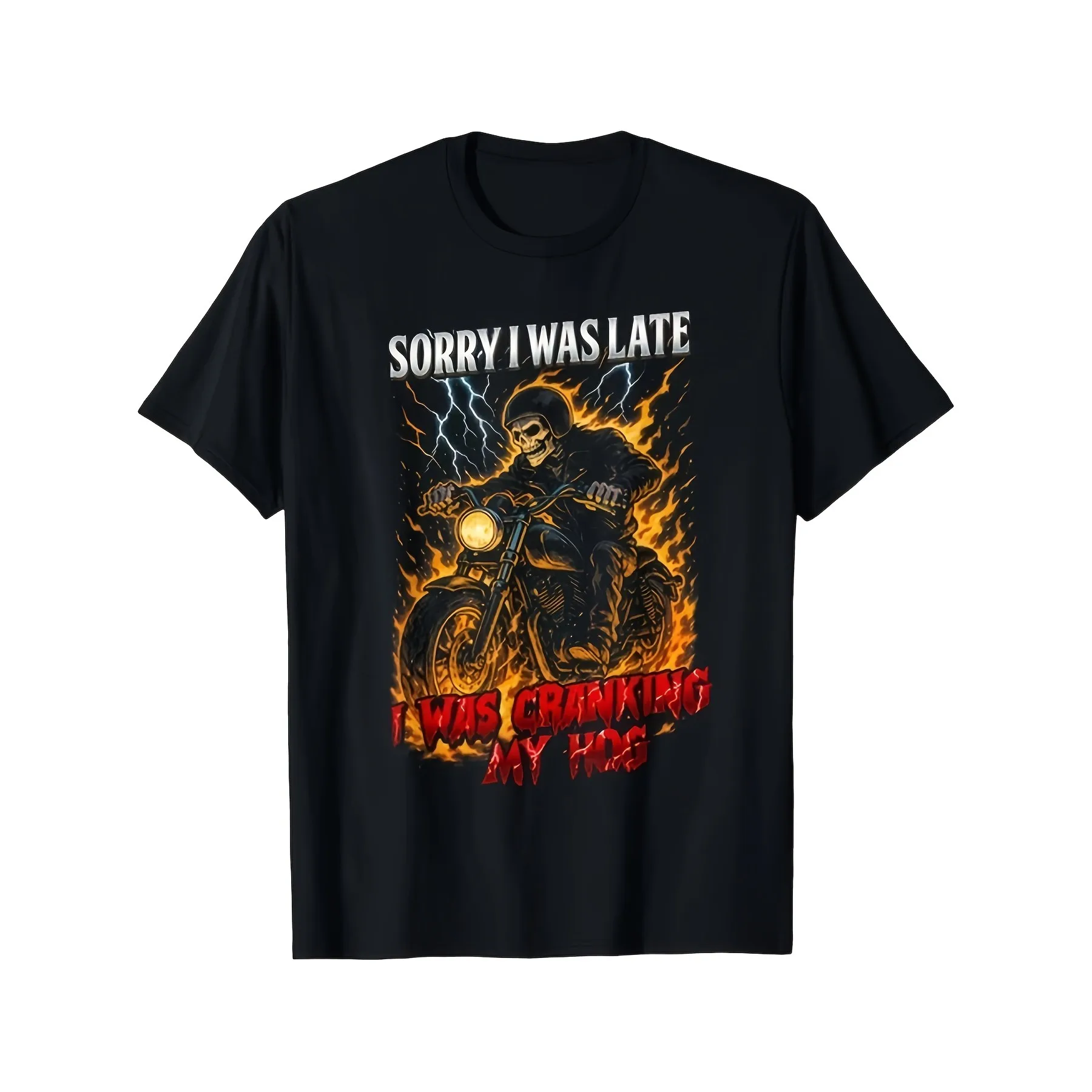 Skeleton Cranking My Hog Biker Graphic Tee Men Short Sleeve Round Neck Cotton Casual T-Shirt