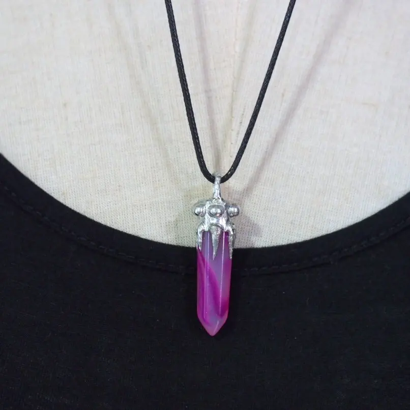 1Pcs Hot Pink Hexagon Crystal Pillar Hexagonal Prisms Point Necklace Semi Precious Stone Leather Rope Lace Agate Jewelry