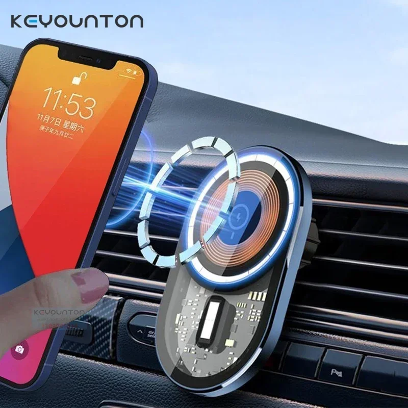 Transparent 15W Car Charger Type C Phone Holder For IPhone 15 14 13 12 Pro Magsafing Wireless Charger Car Mount Magnetic Holder