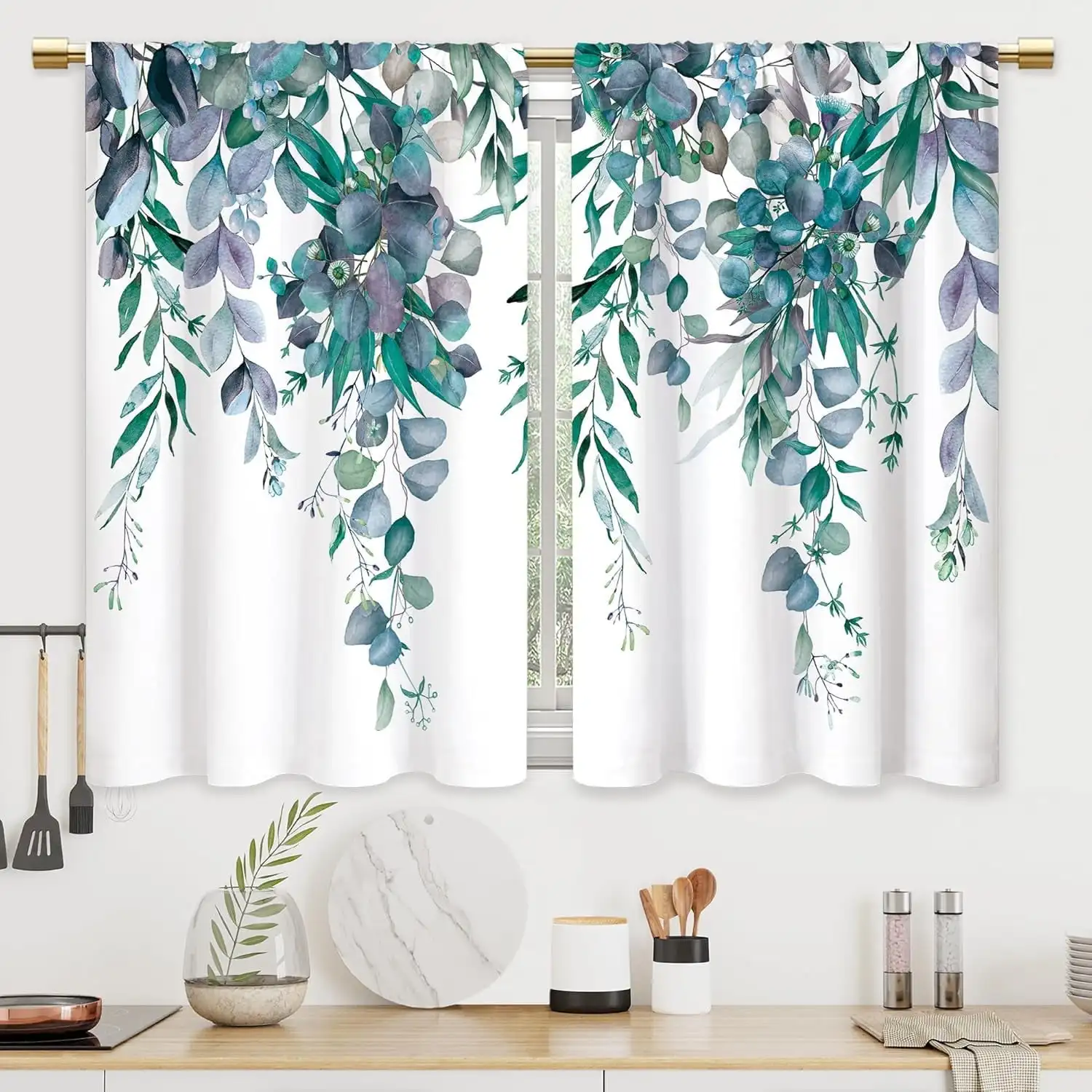 2pcs Curtains Peach Skin Polyester Navy Eucalyptus Botanical Blue Leaves Rustic Floral Short Cafe Kitchen Bathroom Drapes