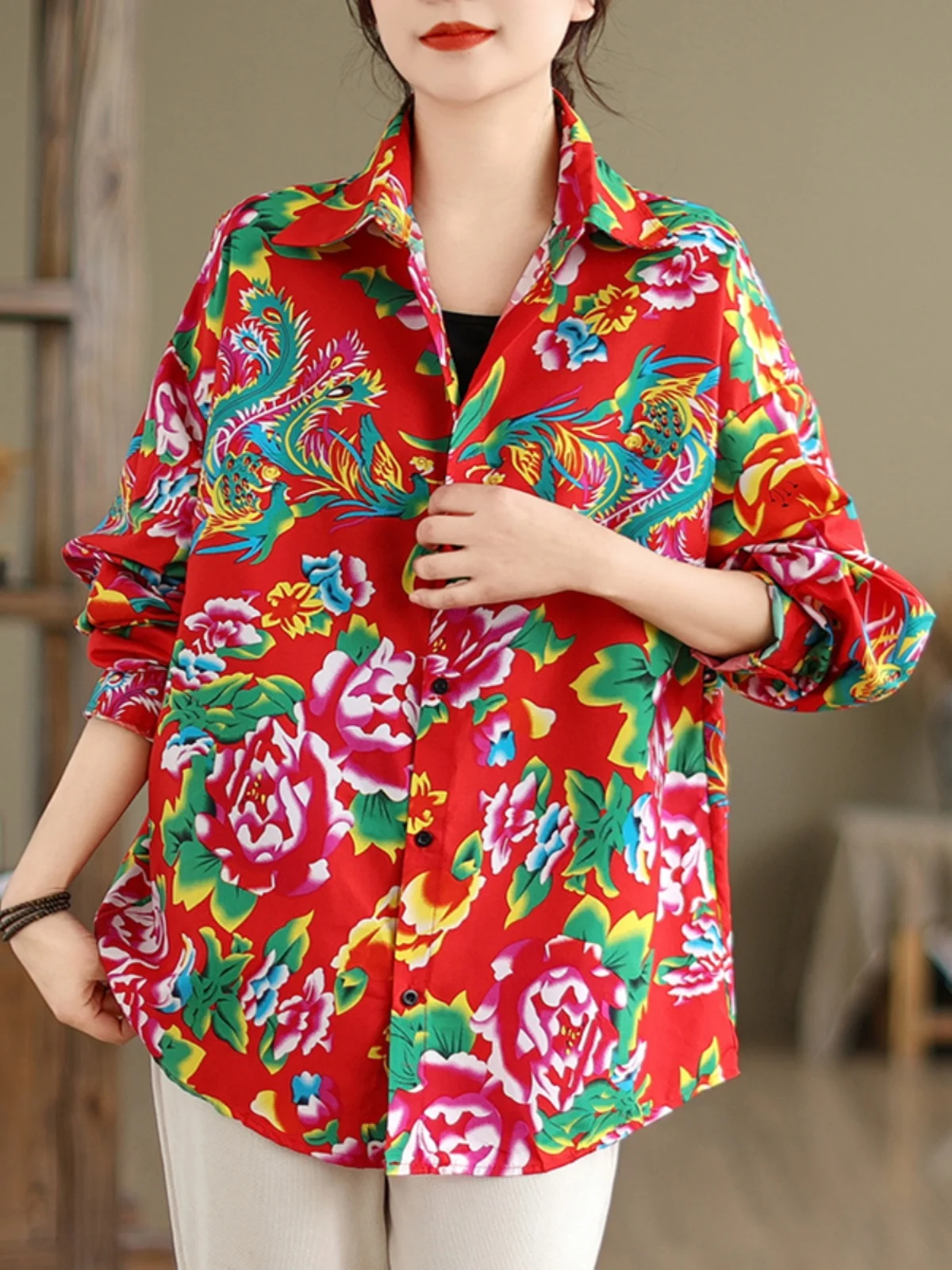 Northeast Large Flower Square Collar Long Sve Casual Print irt Women's Outerwear Top Trendy New Sle Cotton Spring Summer