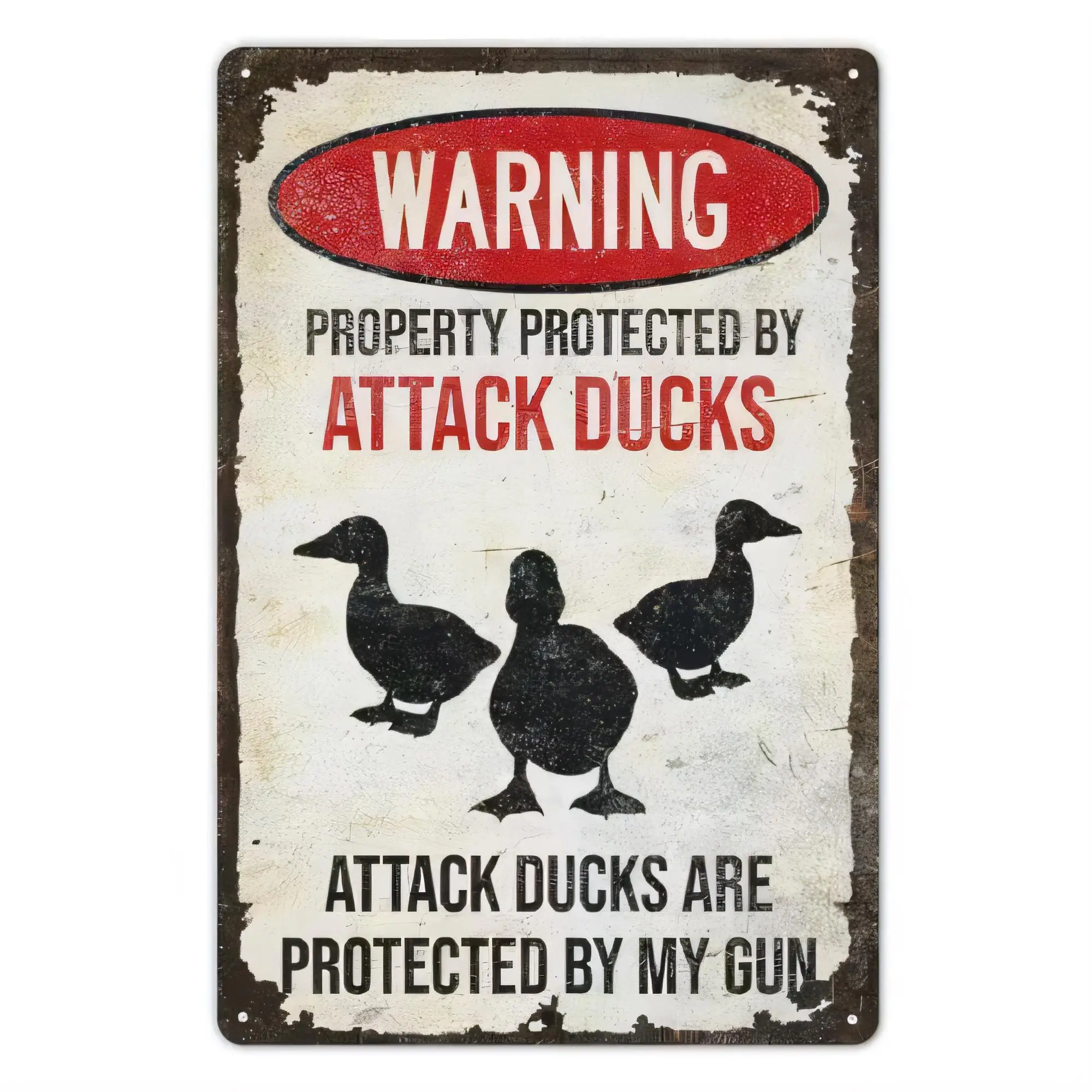 Tin Sign Warning Property Protected By Attack Ducks Funny Farmhouse Retro Metal Plaque Wall Art Home Decor, Garage Bar Shed Kitc