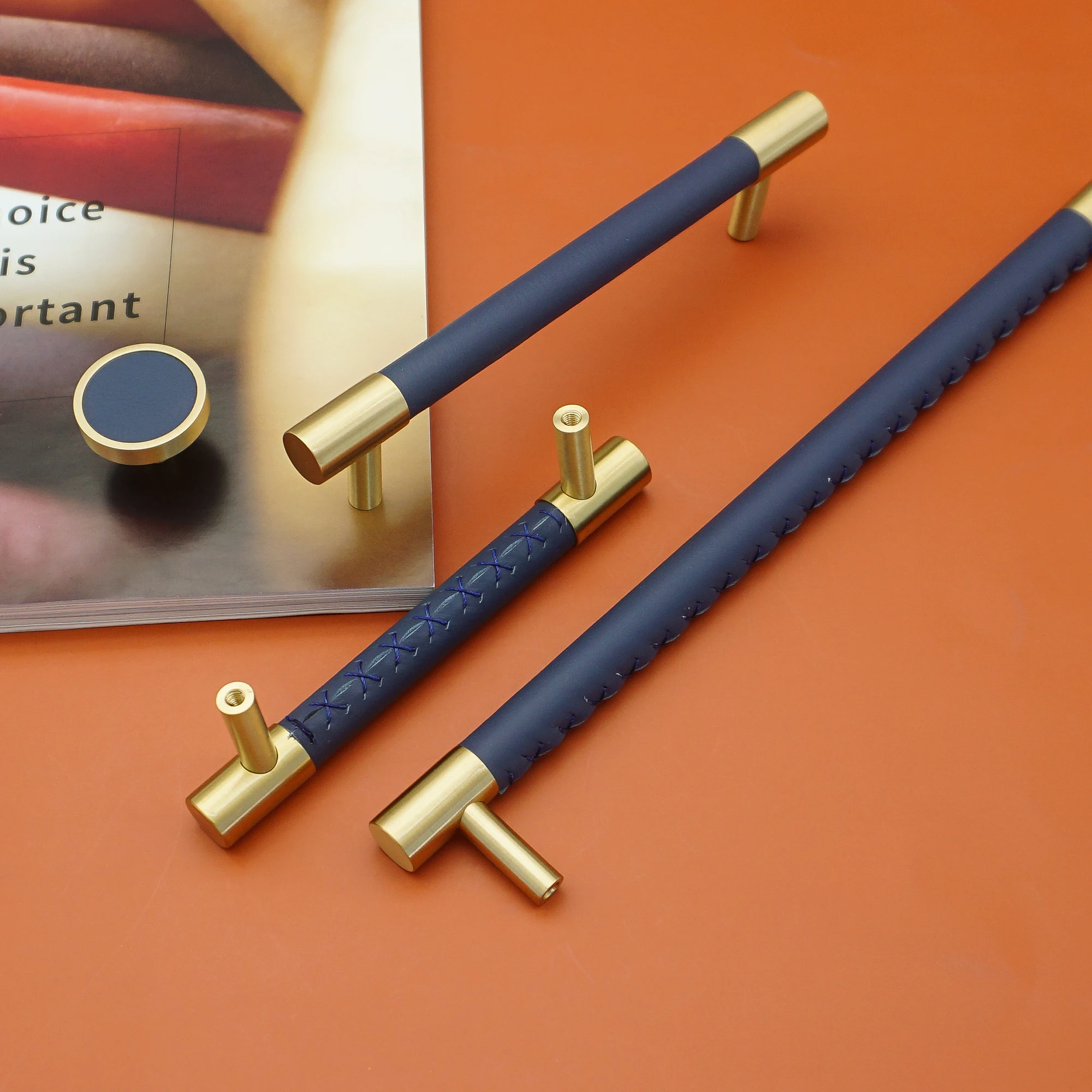 

Blue Leather with Brass Cabinet Handles Bedroom Wardrobe Cupboard Pulls Handles Round Knobs for Drawers Furniture Hardware
