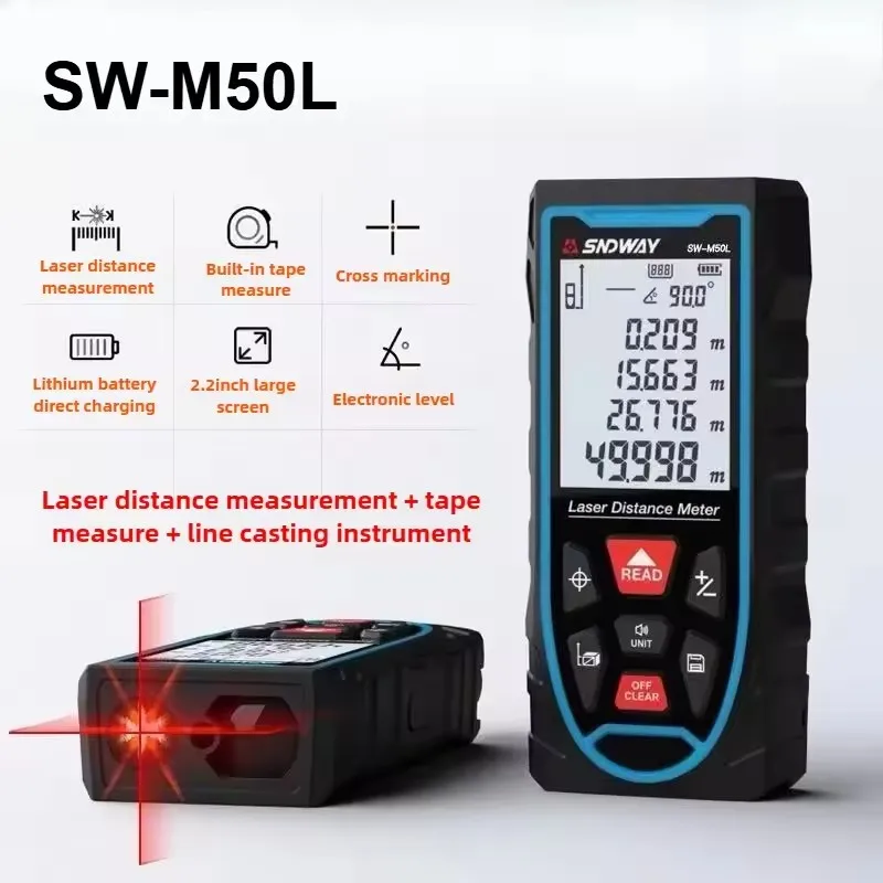 Sndway 3 in 1 50m 70m 100m laser distance meter Red beam Cross lines laser tool with tape measure &LCD