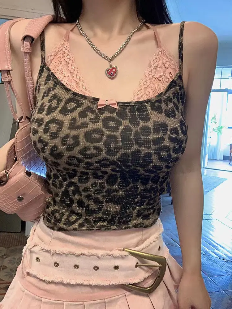 

Fake Two-Piece Lace Camis Brown Leopard Bodycon Skinny Crop Top Graphic Cropped harajuku fairycore 2000s y2k grunge korean cute