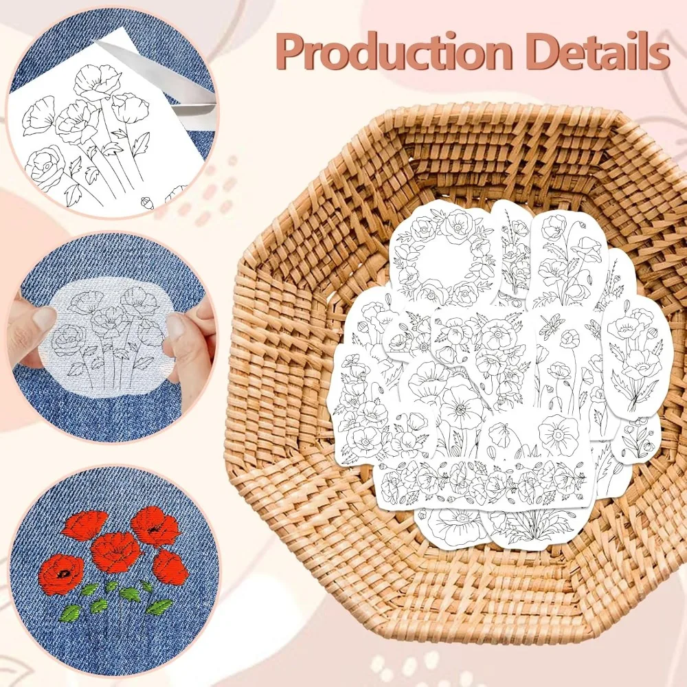 Water Soluble Embroidery Patterns for Beginners 4 Sheets with 30pcs Papaver Rhoeas Patterns Wash Away Embroidery Pattern