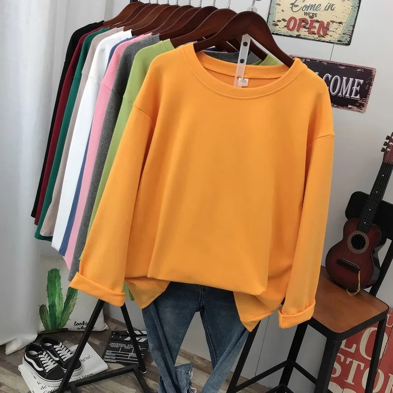 DAYIFUN Plus Size L-5XL T-Shirts Solid O Neck Tshirts Long Sleeve Women Top Tees Basic Spring Autumn Couple 100% Cotton T Shirts