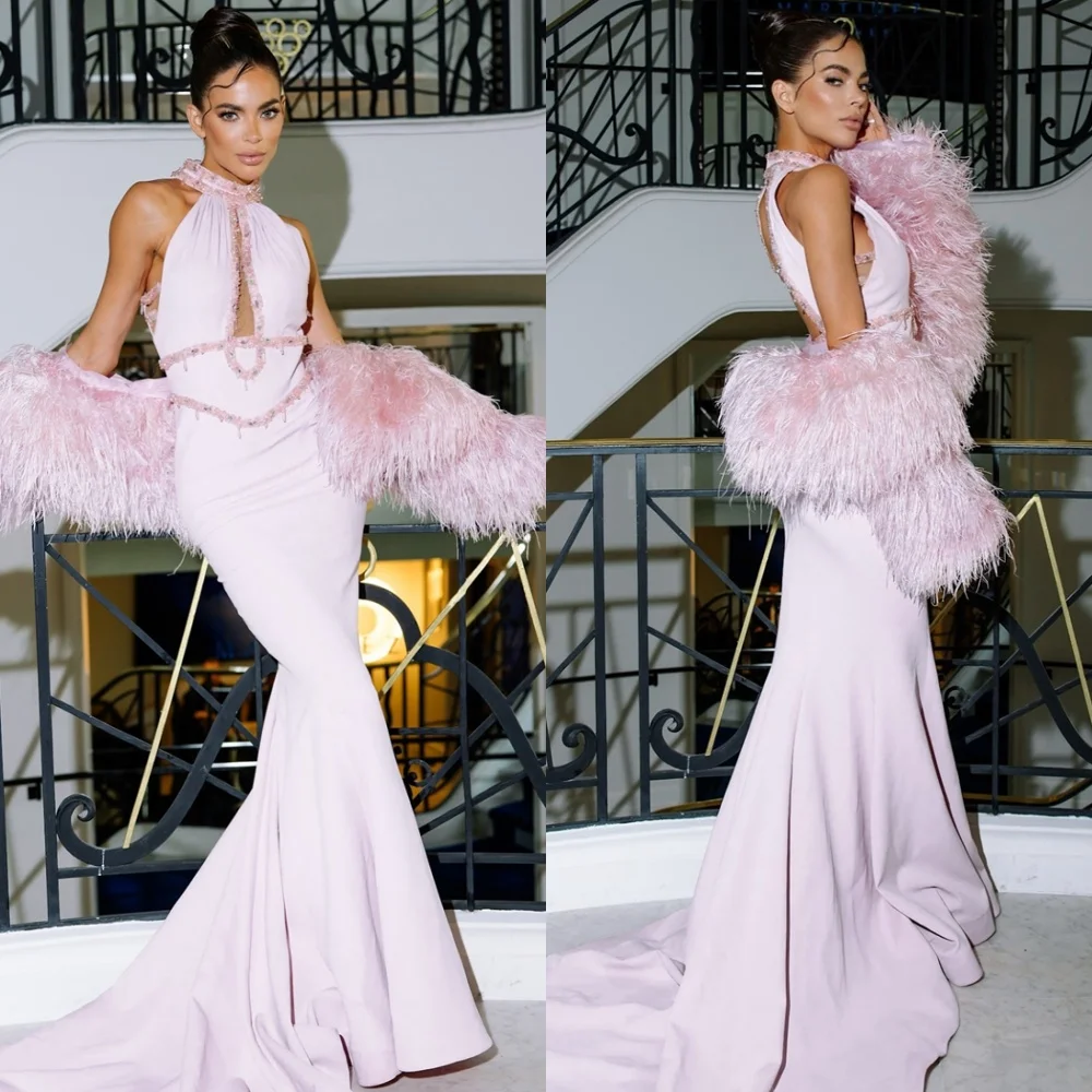 

Customized Mermaid Dresses 2025 Woman Soft Pink Jersey Evening Dress Temperament Halter Celebrity Gowns Luxury Party Dress