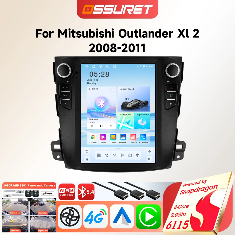 OSSURET Autoradio Android 8 Core per Mitsubishi Outlander 2008-2011 Peugeot 4007 Multimedia 4G Wireless Carplay GPS Schermo da 9.7"