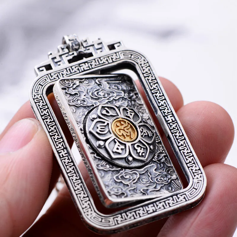 Men's Silver Pendant S925 Pure Silver Six Words Vajra Party Card Double-Sided Rotating Retro Gossip Party Card Sweater Hung