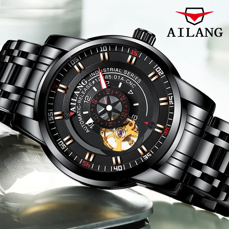 AILANG Brand 2024 New Design Fashion Mechanical Watch for Men Luxury Stainless Steel Waterproof Hollow Business Mens Wristwatch