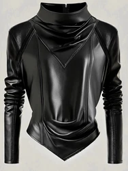 Women Mock Neck PU Leather Long Sleeve Blouse Back Zipper Cinched Irregular Hem Solid Leather TShirt High Street Streetwear